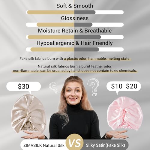 ZIMASILK 22 Momme 100% Mulberry Silk Bonnet for Sleeping & Women Hair Care, Highest Grade 6A Silk Hair wrap for Sleeping with Premium Elastic Stay On Head (1Pc, Beige)