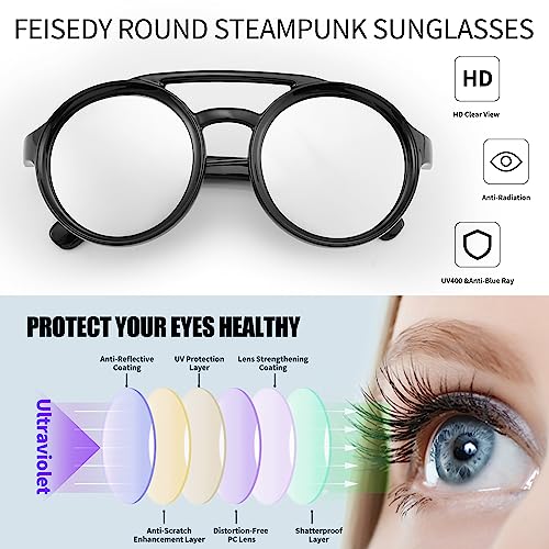 FEISEDY Retro Round Steampunk Sunglasses Women Men Vintage Eyewear Light Plastic Frame with Leatherwear B2532…