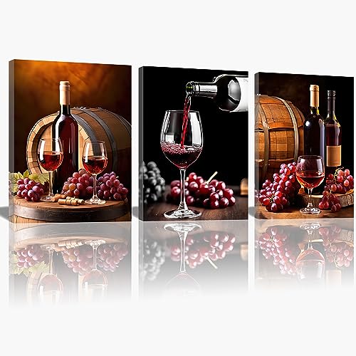 QIXIANG Kitchen Canvas Wall Art 3 PCS Romantic Blue Wine Grape Rose Flowers Eiffel Tower Pictures Prints for Restaurant Bar Decor Framed (Blue, 11.00" x 14.00" x3Pcs)