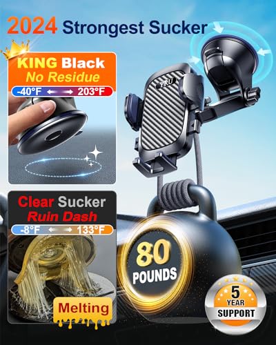 YRU【80+LBS Safest Strongest Rotatable Suction 2024 Ultimate Car Phone Holder Mount 【Military-Grade & All Patent Safety Certs】 Dashboard Windshield Vent for iPhone 15 Pro Max 14 Samsung, Black