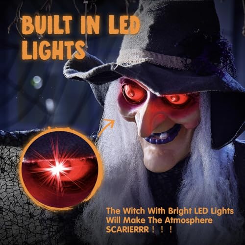 JOYIN 84” Hanging Talking Witch Halloween Decorations Outdoor Decor, Standing Flying Hover Witch Halloween Party Supplies Light Up Eyes Haunted House Front Porch Gard Yard Lawn