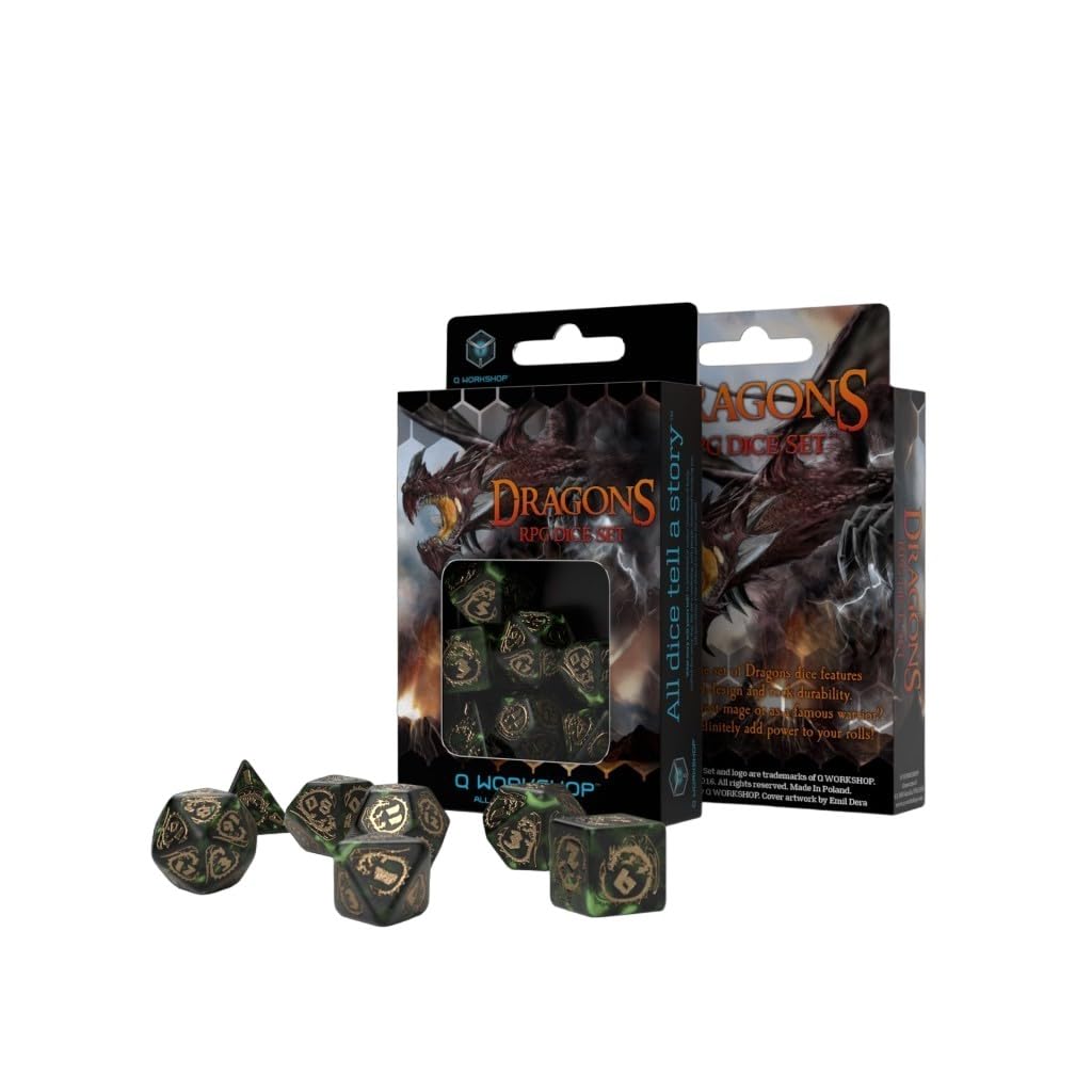 Q WORKSHOP Dragon Bottle Green & Gold RPG Ornamented Dice Set 7 Polyhedral Pieces
