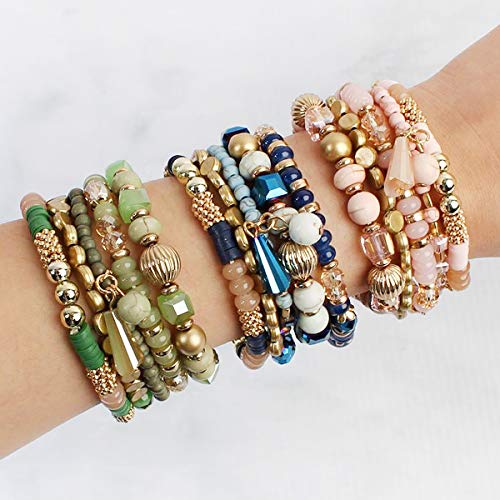 RIAH FASHION Bohemian Mix Bead Multi Layer Versatile Statement Bracelets - Stackable Beaded Strand Stretch Bangles Sparkly Crystal, Tassel Charm (Mix Bead Wood Charm Stretchy Set - Purple)