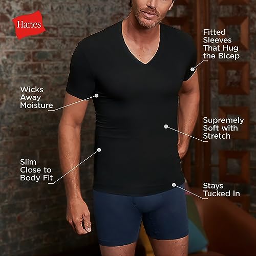 Hanes Ultimate Men's Perfect Flex V-Neck Tee, Stay Tucked Undershirt, Slim Fit Tight on Arms T-Shirt, White & Black