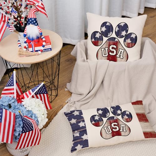 AACORS 4th of July Pillow Covers 12x20 Inch Paw Prints Decor Patriotic America USA Stars Holiday Pillow Case Independence Memorial Day Decorations for Home Sofa Couch AA529-12