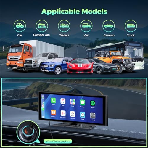 LAMTTO Wireless Carplay &Android Auto with 4K Dash cam,9.26 Inch Protable Carplay Screen for Car,1080P Backup Camera, Digital Media Receivers with Voice Control/Bluetooth/G-sensor/GPS/Mirror Link