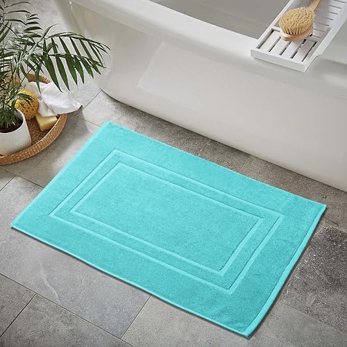 Feather & Stitch 2 Piece Towel Like Bath Mats (30x21 Inch) 100% Cotton Terry Mat, Non-Slip Hotel, Spa, Shower Floor Mats [NOT A Bathroom Rug], Soft Absorbent Washable Mats - Sky Blue