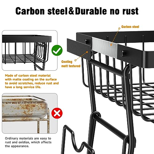 PKBD Rustproof Stainless Steel Dish Drying Rack,2 Tier Large Dish Rack for Kitchen Counter,Dish Rack with Drainboard,Utensil Holder & Cup Holder,Black