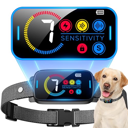 SLAYKAM Bark Collar for Large Medium Dogs Smart Ultrasonic Dog Bark Collar Deterrent Device Rechargeable Anti Barking Collar with Adjustable Ultrasonic Beep Vibration Shock and 7 Sensitivity (Black)