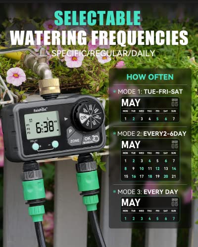 RAINPOINT Brass Sprinkler Timer 2 Stations, Large Digital Water Timer for Garden Hose with 6 Programmable Procedure, Hose Timer with Delay/Manual/Auto Irrigation Mode for Week/Specific/Daily Watering