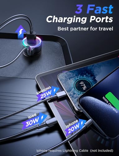 USB C 60W Super Fast Car Charger PD& QC3.0 with 5ft 30W Type C Coiled Cable, Car Phone Charger Adapter for iPhone 16/15 Pro Max Plus, Samsung Galaxy S24/S23/S22, Google Pixel/Moto/LG/Android, iPad Pro