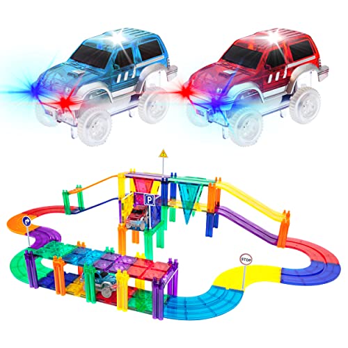 PicassoTiles 50 Piece Race Car Track Building Block Educational Toy Set Magnetic Tiles Magnet DIY Playset 2 Light Up STEM Learning Construction Kit Hand-Eye Coordination Fine Motor Skill Training