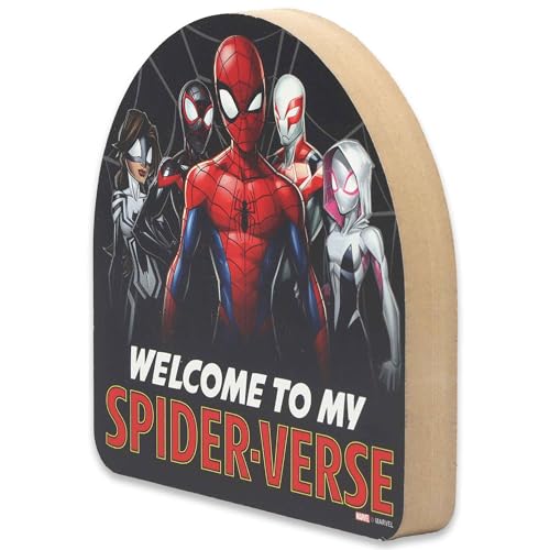 Marvel Spider-Man Welcome to My Spider-Verse Shelf Sitter Decor - Fun Wood Block Spider-Man Decoration for Teen Room or Movie Room