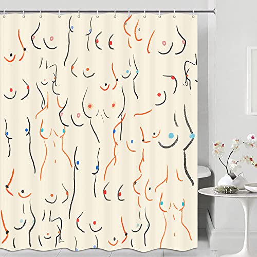 JAWO Boho Abstract Woman Face Shower Curtain Bathroom Set,Vintage Minimalist Silhouette Flower Rainbow Palm Leaf Art line Bath Accessories Girl Art Home Decor Fabric 12 Pack Hooks