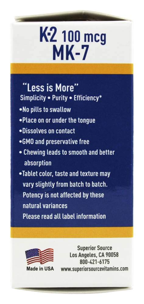 Superior Source Vitamin K2 MK-7 (Menaquinone-7), 100 mcg, Quick Dissolve MicroLignual Tablets, 60 Count, Healthy Bones and Arteries, Immune & Cardiovascular Support, Non-GMO