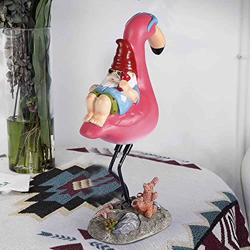 Jy.Cozy Gnome Garden Statue Funny Gnome Reclining on Flamingo Figurines, Resin Garden Gnomes Fall Decorations Outdoor for Patio Yard Lawn Porch, Ornament Gift