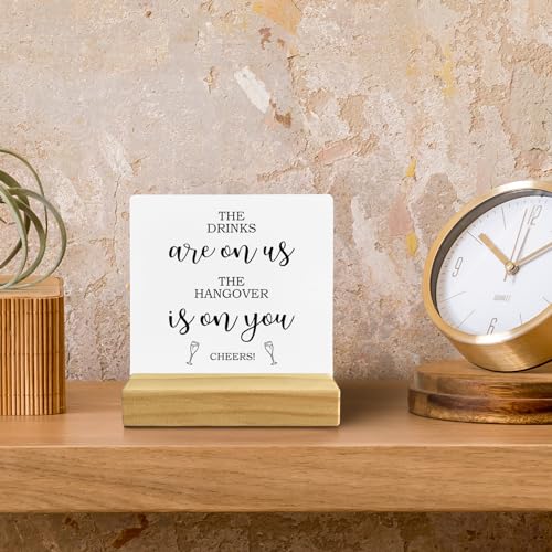 QASHWEY Wedding Bar Desk Decor, Wedding Open Bar Wood Table Signs, Wedding Signs for Reception, Wedding Reception Table Decor,The Drinks are on Us Wooden Plaque with Wooden Stand for Wedding Open Bar