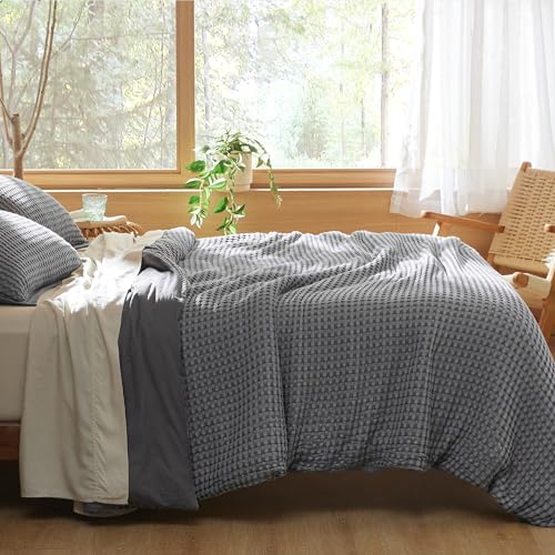 Bedsure Cooling Waffle Duvet Cover Queen - Cotton Blend Rayon Derived from Bamboo Duvet Cover Ser for Hot Sleepers, Breathable Bedding Set with a Vintage Charm, 3 Pieces (Charcoal, Queen, 90"x90")