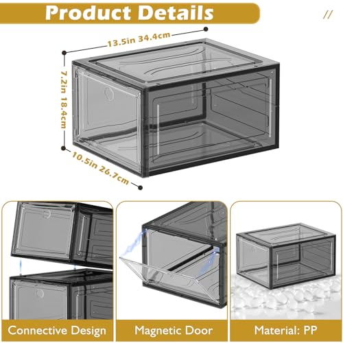 Thicken & Sturdy Clear Shoe Storage Organizer with Magnetic Door, Stackable Boxes for Closet, Foldable Space-Saving Shoe Rack for Sneaker Boot Container, Plastic Shoe Cabinet Shoe Box 6 Pack, Black
