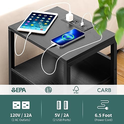 Yoobure Nightstand with Charging Station, Small Night Stand with Fabric Drawers and Storage Shelf for Bedrooms, Nightstands for Small Spaces, Bedside Table with USB Ports & Outlets Bed Side Table