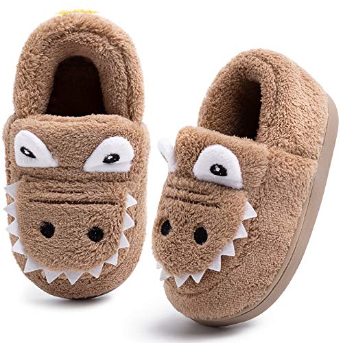 techcity Boys Girls Warm Slippers Winter Indoor House Home Shoes for Toddler Kids Cute Dinosaur Fur Lined Slippers