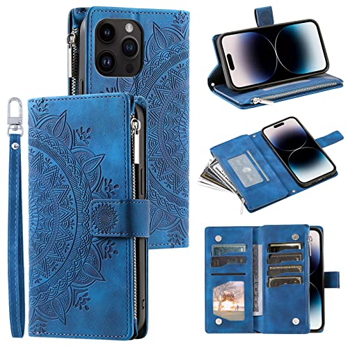 Mavis's Diary Compatible with iPhone 13 Pro Max Case Wallet for Women, Mandala Floral Embosssed PU Leather Folio Zipper Cover Magnetic Flip Book Case with Card Holder Wrist Strap (Blue)