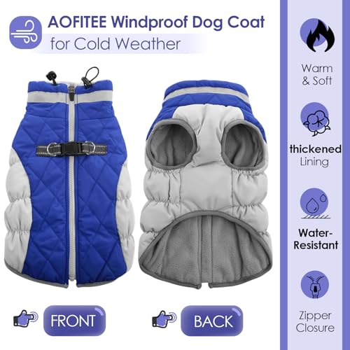 AOFITEE Dog Coat, Warm Dog Winter Coat for Small Dogs, Reflective Turtleneck Dogs Jacket with Harness Built in, Waterproof Windproof Pet Fleece Vest Snow Jacket for Cold Weather, Blue S