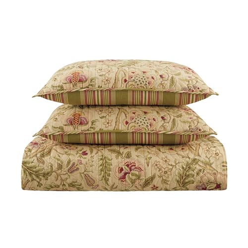 Waverly Imperial Dress Jacobean Floral Soft All Season Reversible 4-Piece Quilt Bedspread Set, King, Porcelain