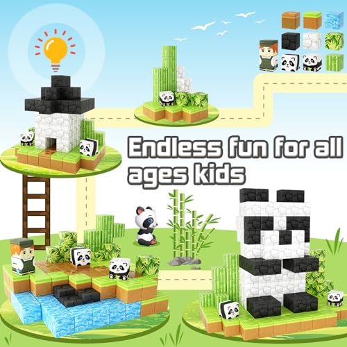 Magnetic Blocks-Build Mine Magnet World Panda Edition, Magnetic Tiles Building Blocks for Boys & Girls Age 3-5 4-8 5-7, Kids STEM Sensory Learning Outdoor Toys for 3+ Years Old Girls Boys Gifts