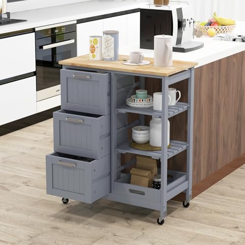 GOFLAME Kitchen Island Cart on Wheels with Storage, Versatile Rolling Cart with Wood Countertop, 3 Drawers, Removable Tray & Lockable Casters, Mobile Serving Trolley for Kitchen, Dining Room, Grey