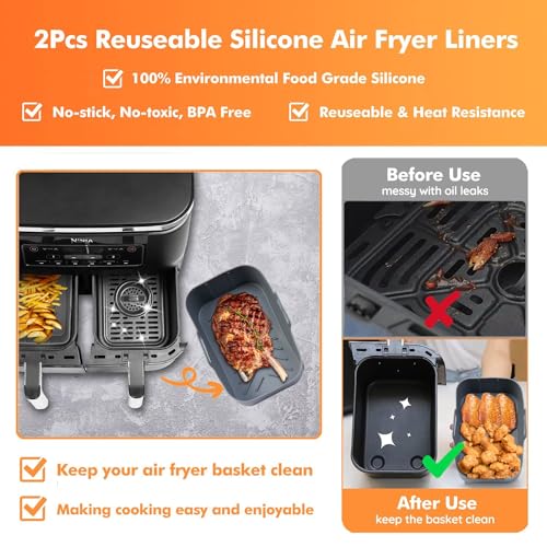 Silicone Air Fryer Liners for Ninja DZ201, 7PCS Air Fryer Accessories for Ninja Dual 8QT Air Fryers, Including Air Fryer Rack, Paper Liner etc (7Pcs - Oil Sprayer Set)