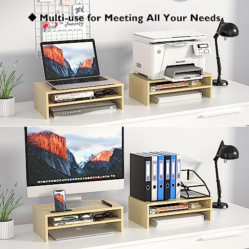 BONTEC Monitor Stand Riser, 2 Tiers Wood Monitor Riser Stand with Storage Organizer, Desktop Ergonomic Monitor Stand Riser with Cellphone Holder and Cable Management, 16.5 Inch Shelf, Maple