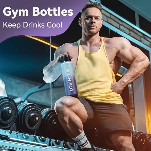 SANTECO Water Bottle 24 oz, Vacuum Insulated Stainless Steel Bottle with Straw Handle Lid, Leakproof Bottles, Wide Mouth Easy Clean, Keep Drinks Hot & Cold for Gym, Camping, Hiking, Blue Purple