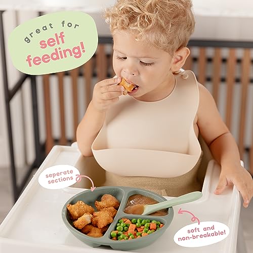 ChériKid Suction Plates for Baby, Toddlers - FEATURES SUPER STRONG QUADRUPLE SUCTION - 100% Food Grade Silicone Toddler Plates with Suction - Unbreakable Divided Kids Baby Plates - Suction Plate