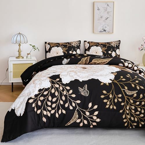 ANGIYUIN Black Floral Full Size Comforter Set White Flowers Bedding Set 3 Pcs Gold Leaves Butterfly Botanical Bedding Comforter Set Soft Farmhouse Bed Sets for Women Men