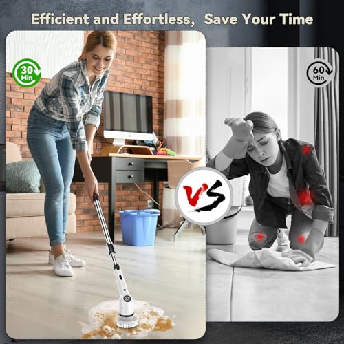 Electric Spin Scrubber - IMAXTOP Cordless Cleaning Brush with 8 Replaceable Heads, Shower Cleaner with Long Handle, Bathroom, Grout, Tub, Floor, Kitchen Cleaner