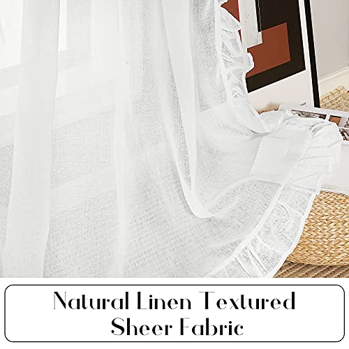 KGORGE White Linen Curtains for Living Room, Linen Blended Sheer Curtain with Shabby Chic Ruffle Trim, Farmhouse Window Curtains & Drapes for Kitchen Bedroom Bathroom, W52 x L84 inch, 2 Panels