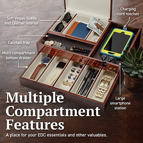 HOUNDSBAY Admiral Dresser Valet Box & Mens Jewelry Box Organizer - Watch Box Organizer for Men with Large Smartphone Charging Station (Cherry on Solid Ashwood)