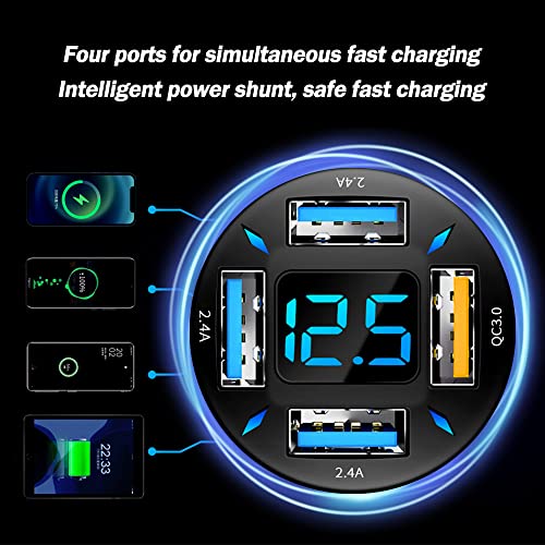 Car Charger 66W Super Fast Charging with USB 2.4A&QC 3.0(Voltmeter&LED Lights) Universal Quick Charge for 12-24V Car Cigarette Lighter Plug,Compatible with iPhone 14 13 12,S22 (2Pcs-Black-QC/2.4A)