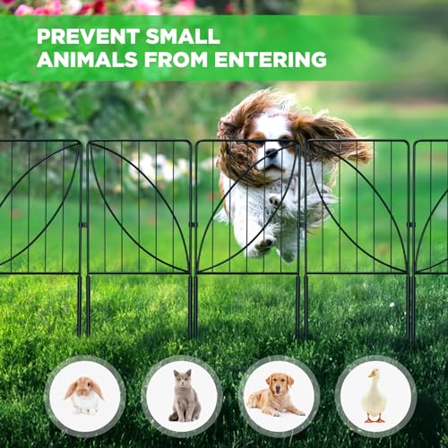 UIRWAY 10 Panels Garden Fences and Borders, Total 10.8ft(L) x 24in(H) Decorative Garden Fence with Leaf Pattern, Rustproof Metal Rabbit Fence for Garden, Small Garden Edging Fence for Outdoor