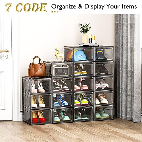 Thicken & Sturdy Clear Shoe Storage Organizer with Magnetic Door, Stackable Boxes for Closet, Foldable Space-Saving Shoe Rack for Sneaker Boot Container, Plastic Shoe Cabinet Shoe Box 6 Pack, Black