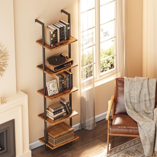 SUPERJARE 5 Tier Bookshelf, Narrow Book Shelf with Open Display Shelves, Small Bookcase with Metal Frame for Bedroom, Living Room, Rustic Brown