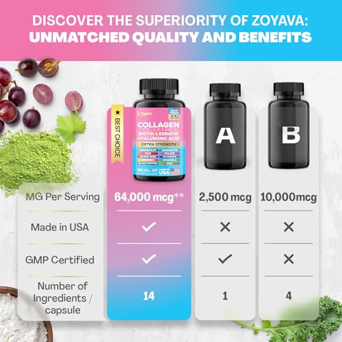 Zoyava Collagen Pills Peptides Types I, II, III, V & X MCG Biotin Keratin Hyaluronic Acid MSM Vitamin A Vitamin C Vitamin E Folic Acid Zinc Magnesium with Grape Seed Extract, Quercetin (90 Caps)