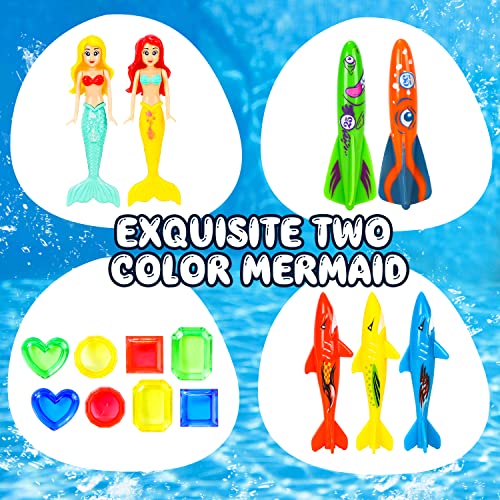 TOY Life 16Pcs Swimming Pool Dive Toys for Kids Swim Toys for Kids Practice Diving Swimming Toys with Pool Torpedo Gliding Shark Pool Mermaid Toys Underwater Diving Game Water Games for Boys and Girls