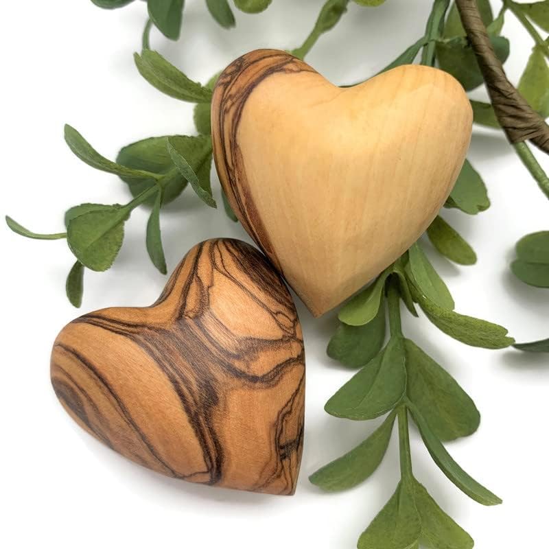 Handmade Wooden Hearts, Set of Five Olive Wood Carved Hearts from the Holy Land, Carved Wood Hearts for gifts Anniversary Valentine Gift, Loss Love, Wooden Hearts for Wedding, Wood Heart Décor