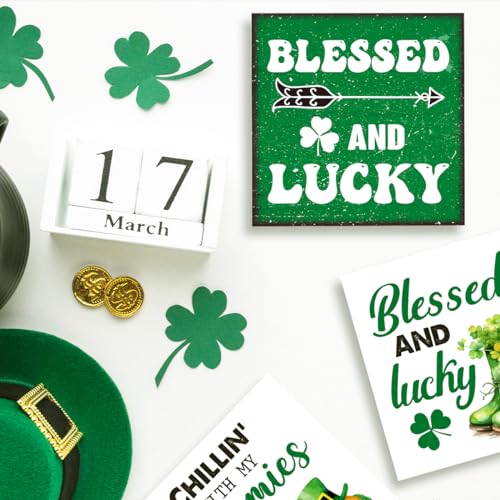 St Patricks Day Shamrock Wood Block Sign,Blessed and Lucky Wood Block Plaque Box Sign for Home Farmhouse Room Office Desk Table Decor,Irish St.Patrick's Day Wooden Box Decor