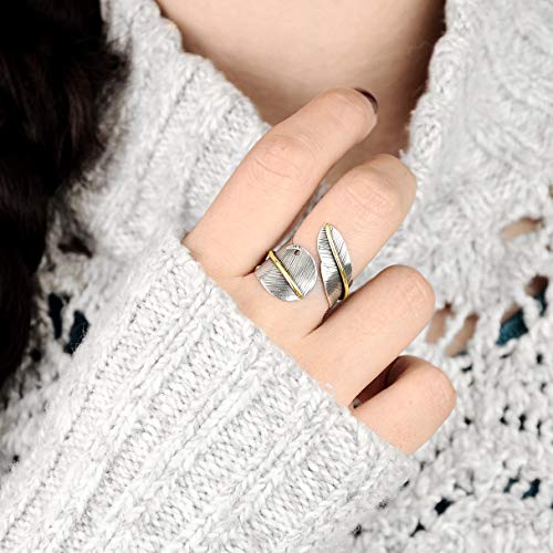 Boho-Magic 925 Sterling Silver and Brass Leaf Adjustable Ring for Women, Cool Plain Simple Open Wrap Feather Ring Size 7-10