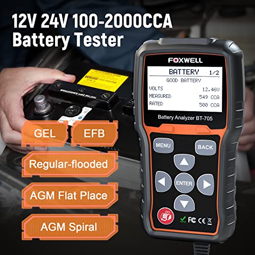 FOXWELL BT705 Car Battery Tester 12V 24V, Automotive 100-2000CCA Battery Load Tester Battery Analyzer Digital Charging System Alternator Tester Cold Cranking for Heavy Duty Truck Boat Marine SUV ATV