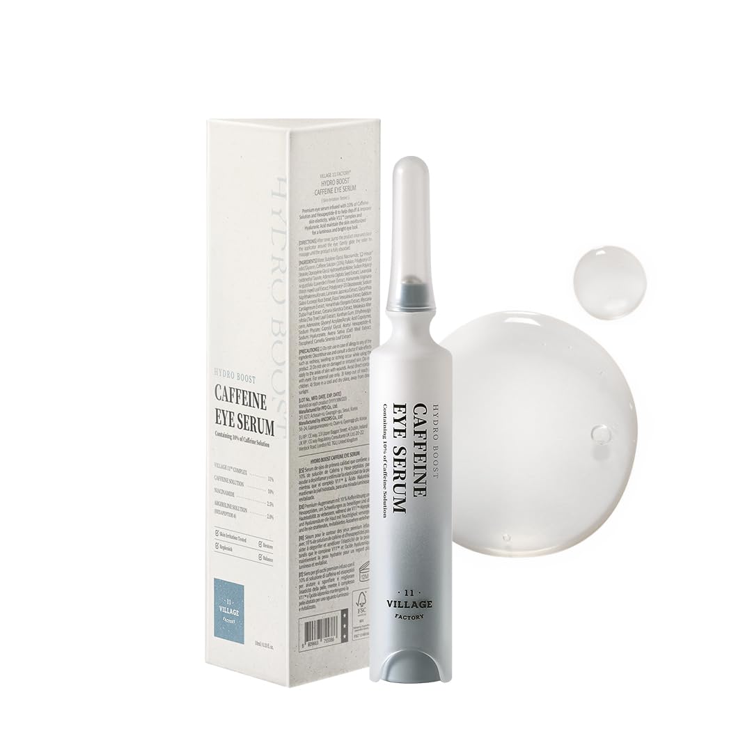 VILLAGE11FACTORY Hydro Boost Caffeine Eye Serum (0.33 fl.oz./10ml) - With 10% Caffeine Solution, Niacinamide & Hexapeptide-8, Depuff, Elasticity, Antiwrinkle and Brightening