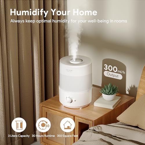ASAKUKI Humidifiers for Bedroom, 3L Top Fill Cool Mist Humidifiers for Baby Nursery & Plants, 3-IN-1 Quiet Air Humidifier, Oil Diffuser & Night Light for Large Room Home, Auto Shut-off, BPA-Free, 30H